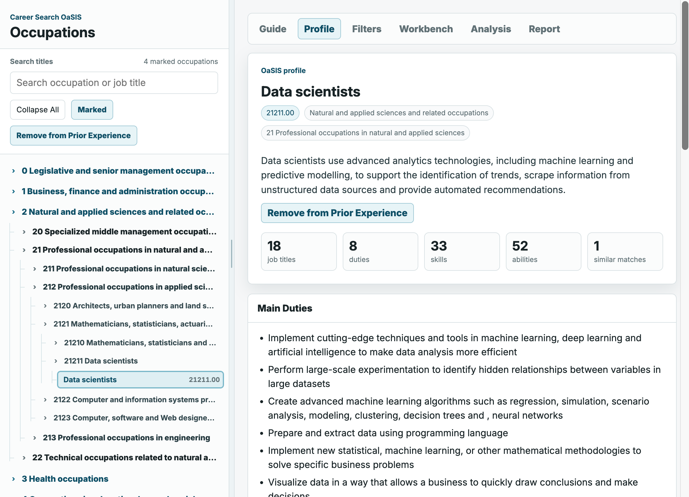 Screenshot of Career Search OaSIS showing the occupation tree and a data scientists profile