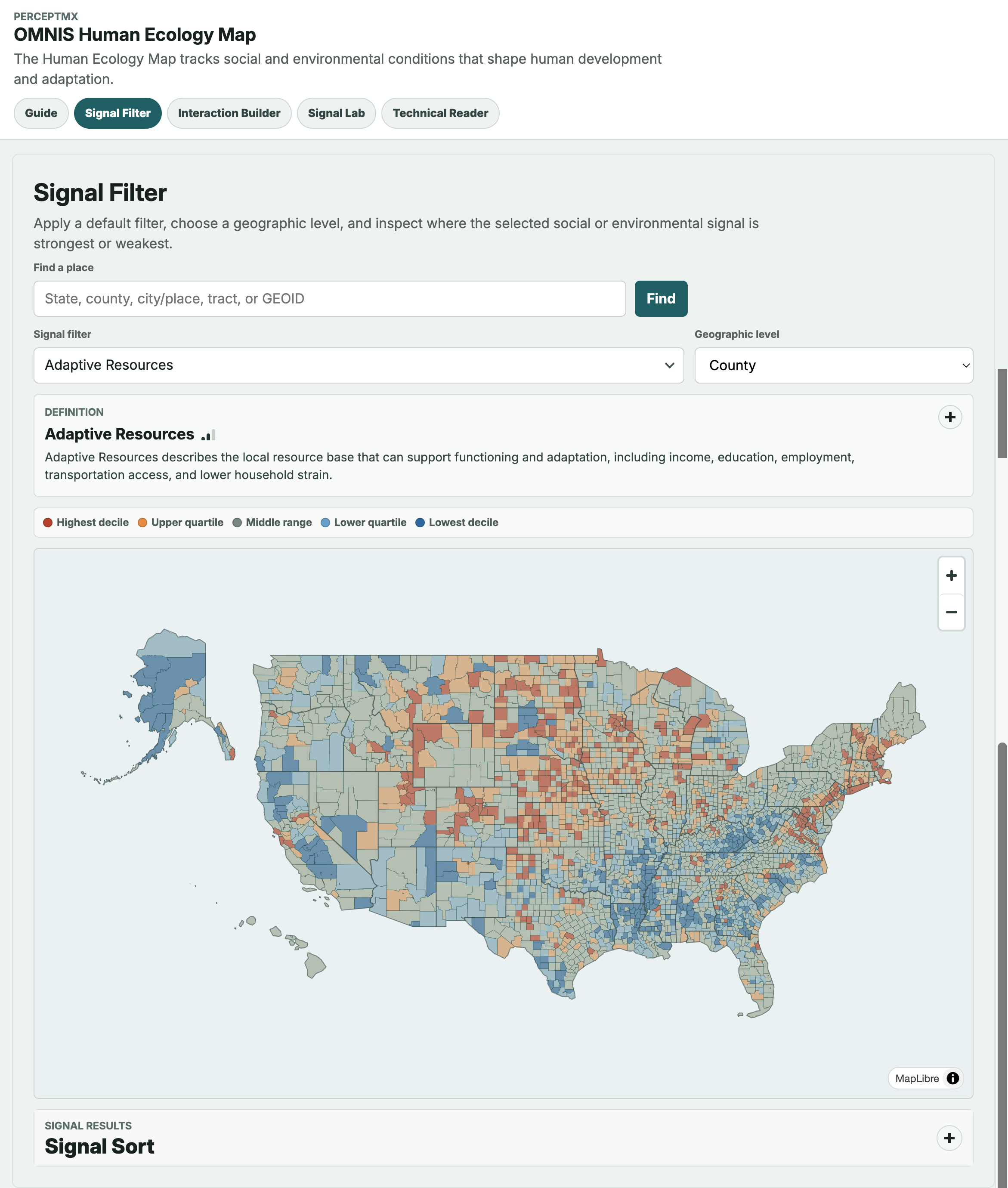 Screenshot of the OMNIS Human Ecology Map signal filter and U.S. county map