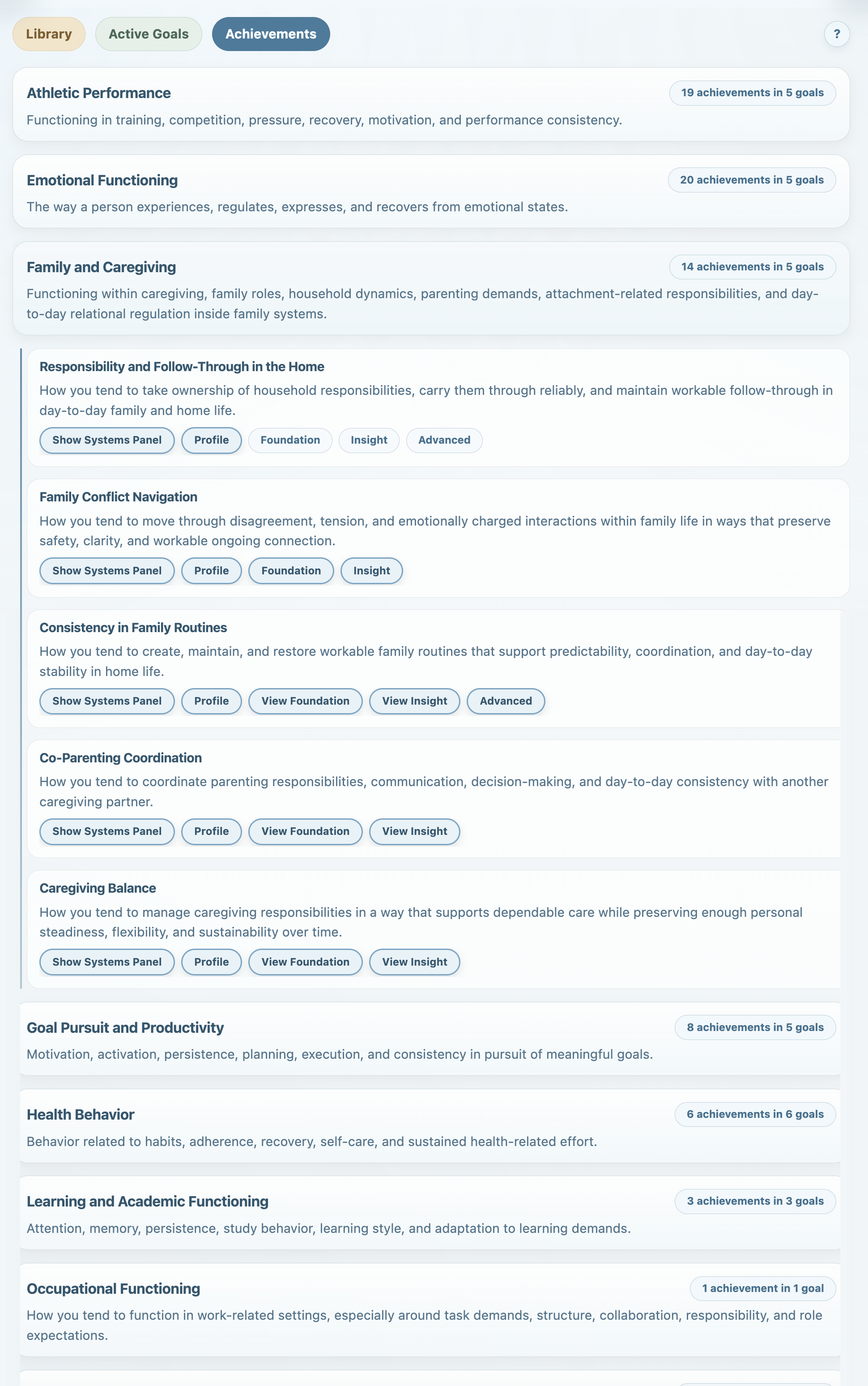 Screenshot of OMNIS Life showing life areas, achievements, and goal report options